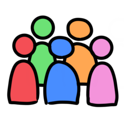 five simple figures, with three at the front and two behind them. they are, at the back from left to right: green ('the smart one') and orange ('the big one'), and at the front from left to right: red ('the lancer'), blue ('the leader'), and pink ('the heart').